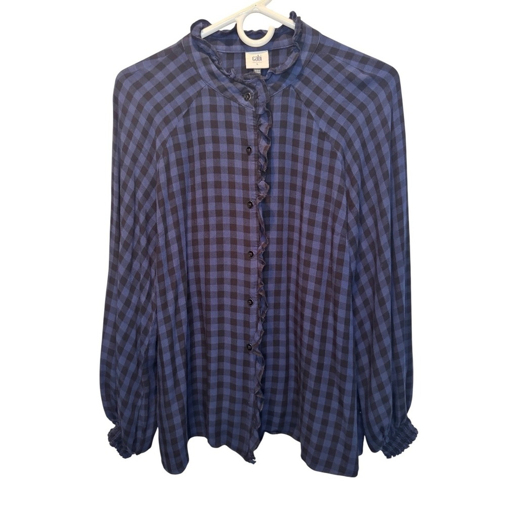 Cabi Aberdeen Womens Blue Gingham Button Down Ruffle Neck Smocked Cuff Top L